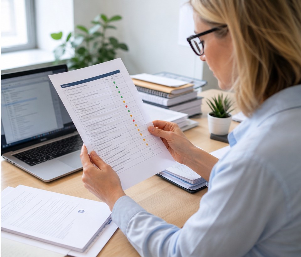 Communicatiemanager controleert marketingclaims met documenten naast een laptop