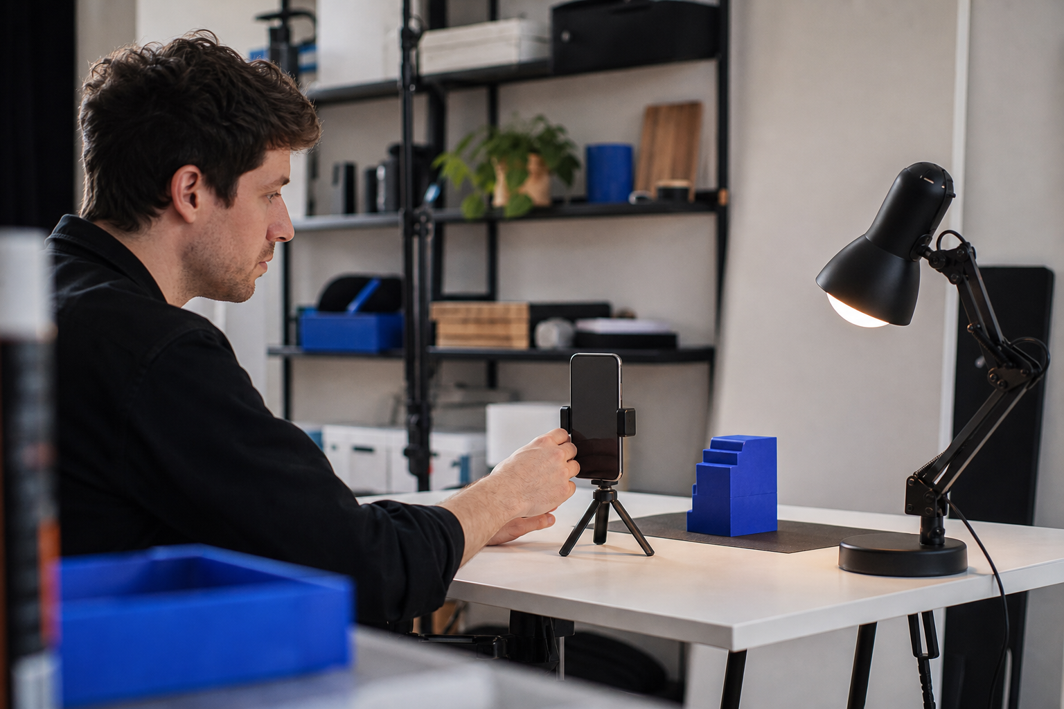 Maker stelt een smartphone op statief in voor een korte productdemonstratie