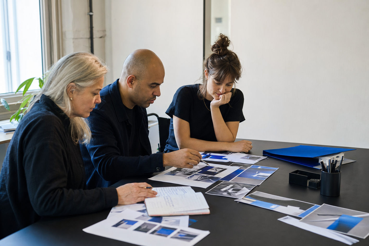 Drie redacteuren bespreken drukwerk en visuele keuzes aan een zwarte tafel